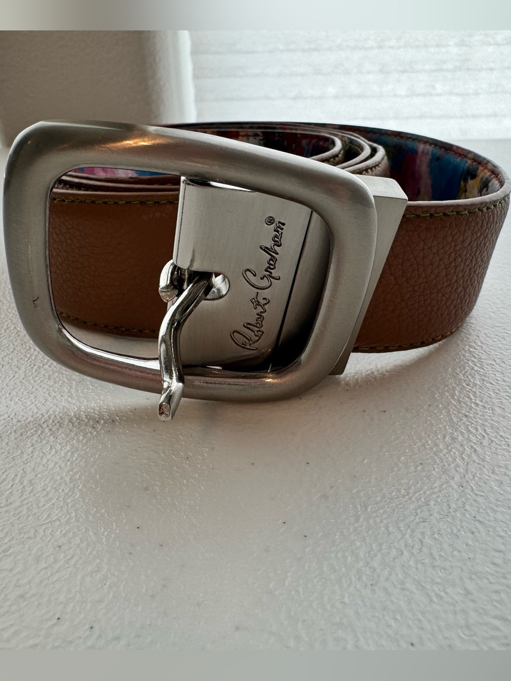 Robert Graham Reversible Leather Belt Brown Multicolor Abstract Lining Size 44